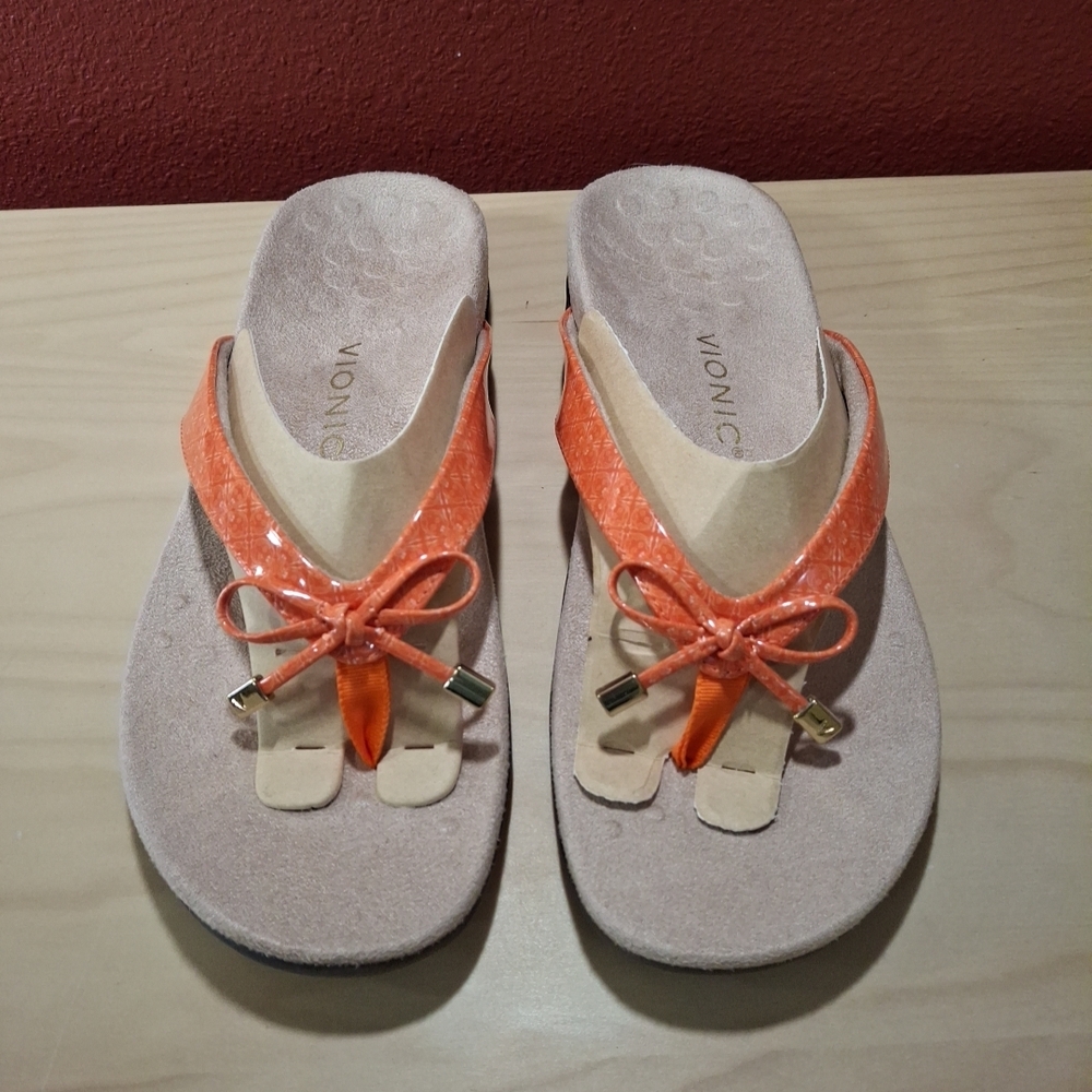 Vionic Bella Orthotic Flip Flips Womens 11 Orange Floral New Arch Support